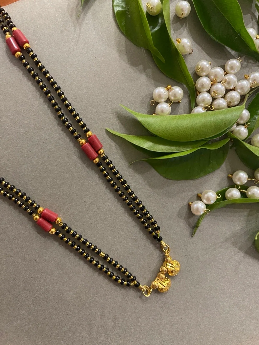 Traditional Marathi Short Mangalsutra Vati Designs Double Line Red And Black Beads Chain
