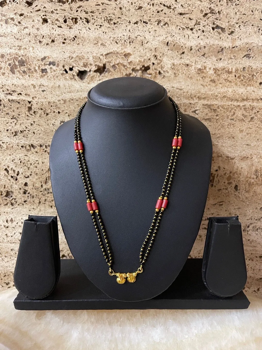 Traditional Marathi Short Mangalsutra Vati Designs Double Line Red And Black Beads Chain