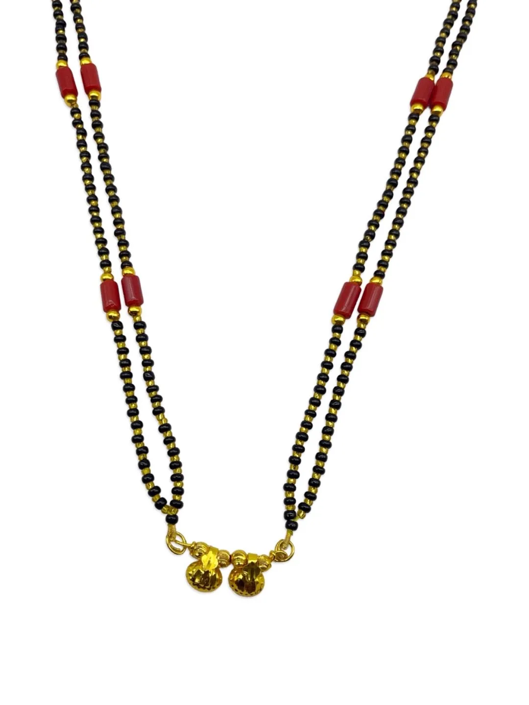 Traditional Marathi Short Mangalsutra Vati Designs Double Line Red And Black Beads Chain