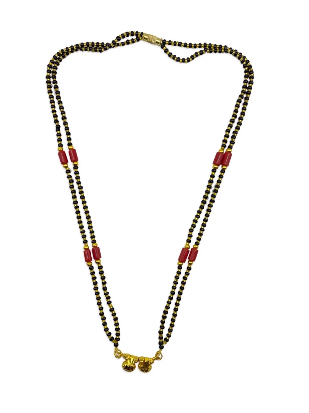Traditional Marathi Short Mangalsutra Vati Designs Double Line Red And Black Beads Chain