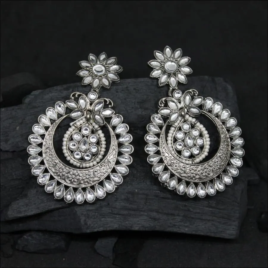 Trisha Silver Stonework Drop Ethnic Earrings
