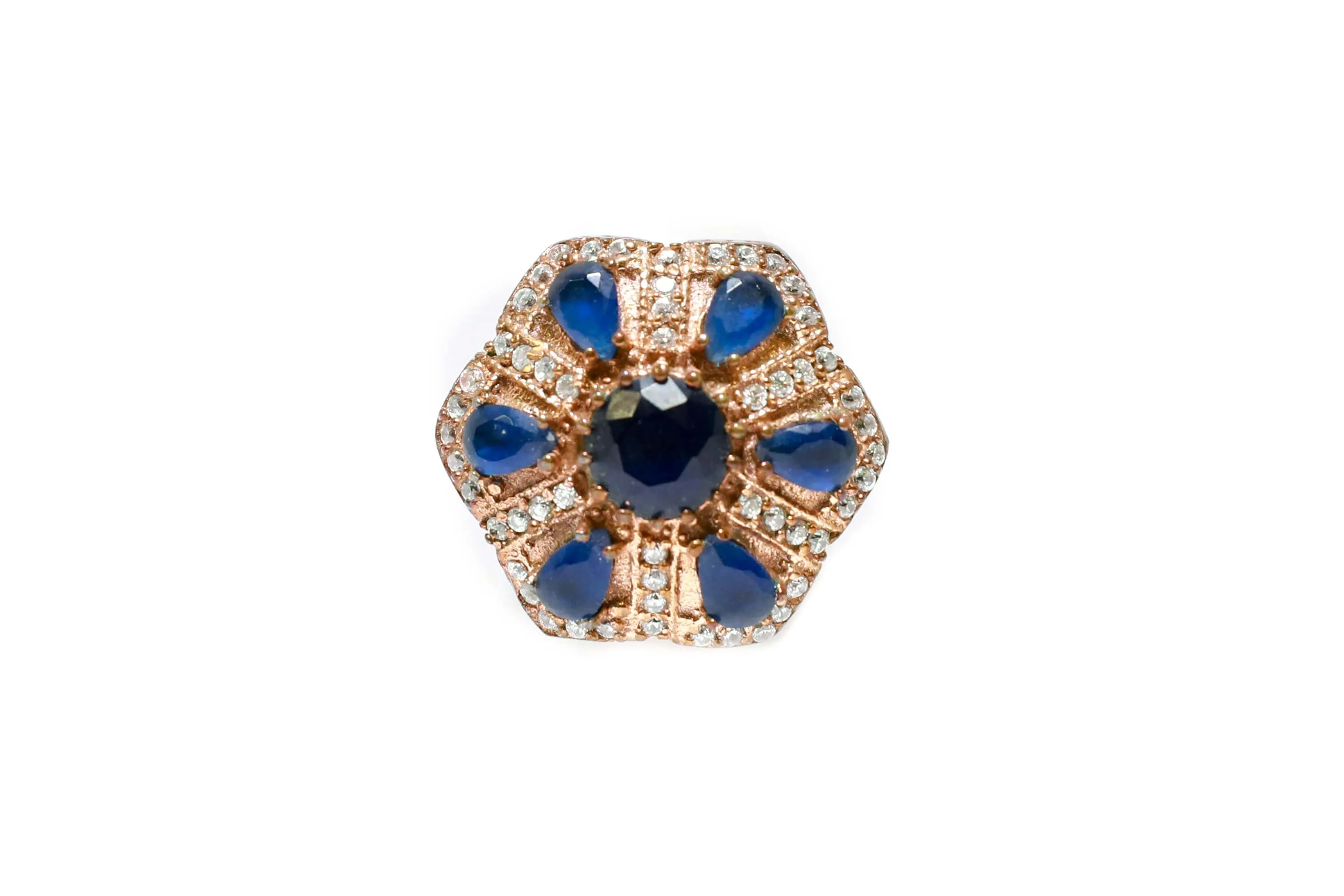 Turkish Silver Floral Statement Ring With Navy Blue Stones
