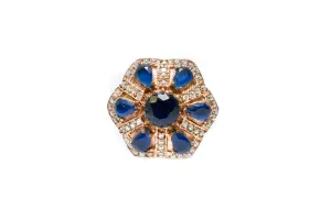 Turkish Silver Floral Statement Ring With Navy Blue Stones