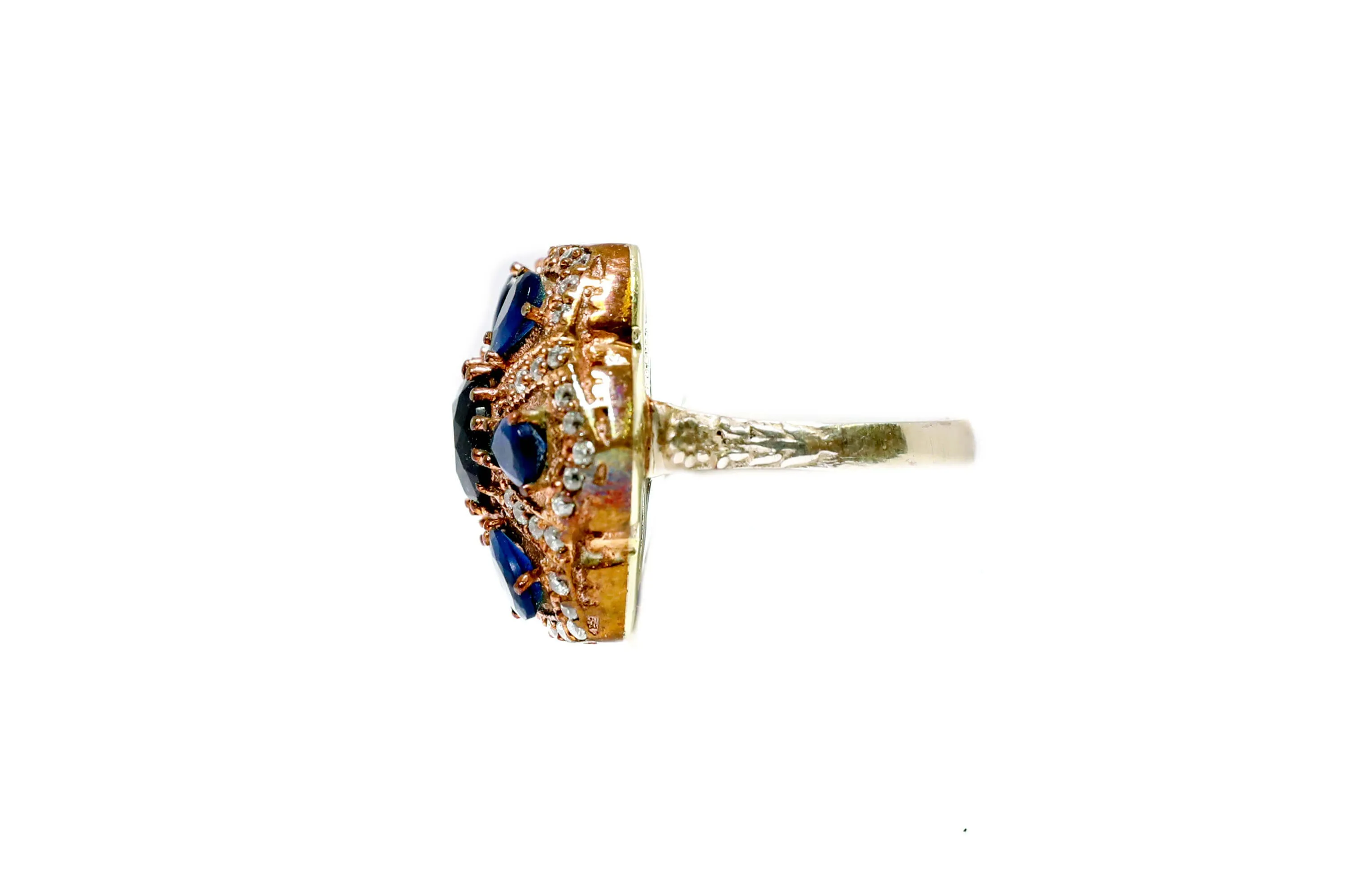 Turkish Silver Floral Statement Ring With Navy Blue Stones