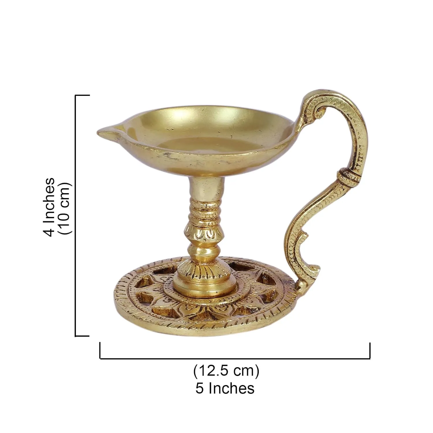 Two Moustaches 4 Inches Brass Aarti Diya with Handle, Brass Pooja Deepak for Temple, Diyas for Diwali, Brass Diya for Puja, Antique Yellow, Pack of 1