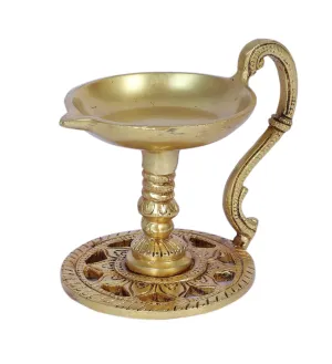 Two Moustaches 4 Inches Brass Aarti Diya with Handle, Brass Pooja Deepak for Temple, Diyas for Diwali, Brass Diya for Puja, Antique Yellow, Pack of 1