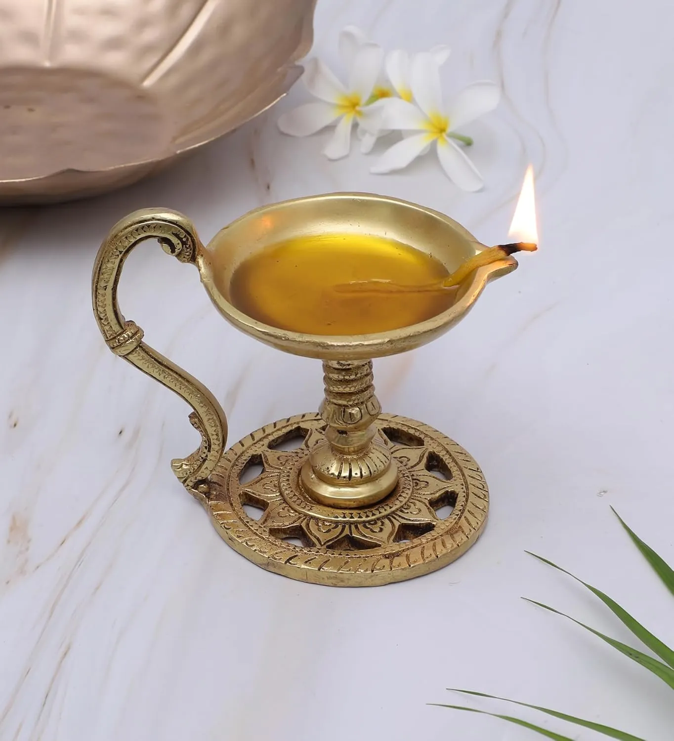 Two Moustaches 4 Inches Brass Aarti Diya with Handle, Brass Pooja Deepak for Temple, Diyas for Diwali, Brass Diya for Puja, Antique Yellow, Pack of 1