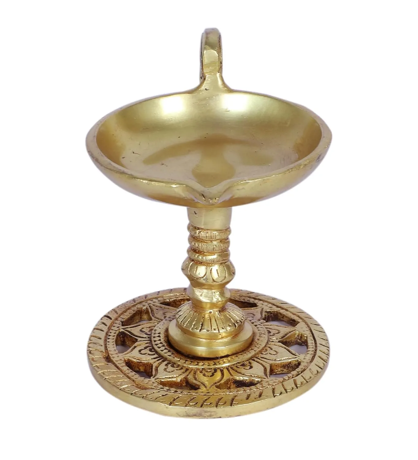 Two Moustaches 4 Inches Brass Aarti Diya with Handle, Brass Pooja Deepak for Temple, Diyas for Diwali, Brass Diya for Puja, Antique Yellow, Pack of 1