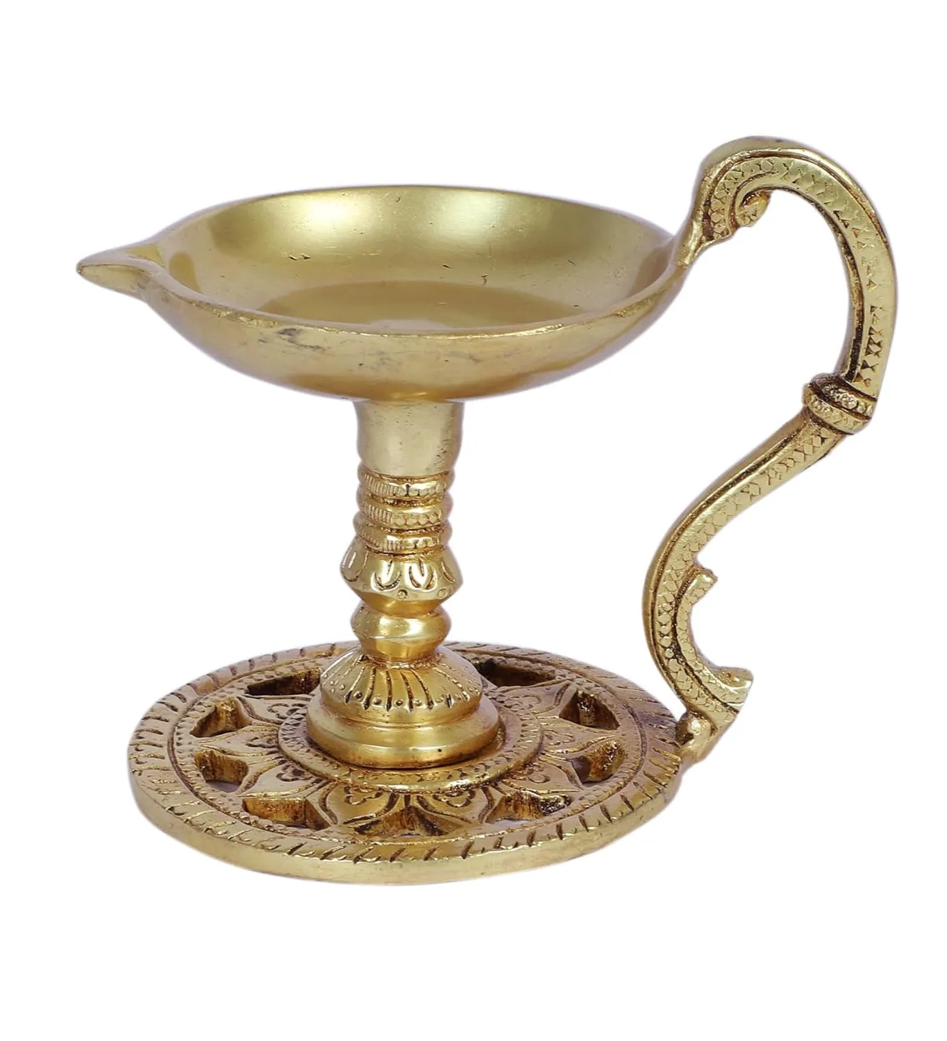 Two Moustaches 4 Inches Brass Aarti Diya with Handle, Brass Pooja Deepak for Temple, Diyas for Diwali, Brass Diya for Puja, Antique Yellow, Pack of 1