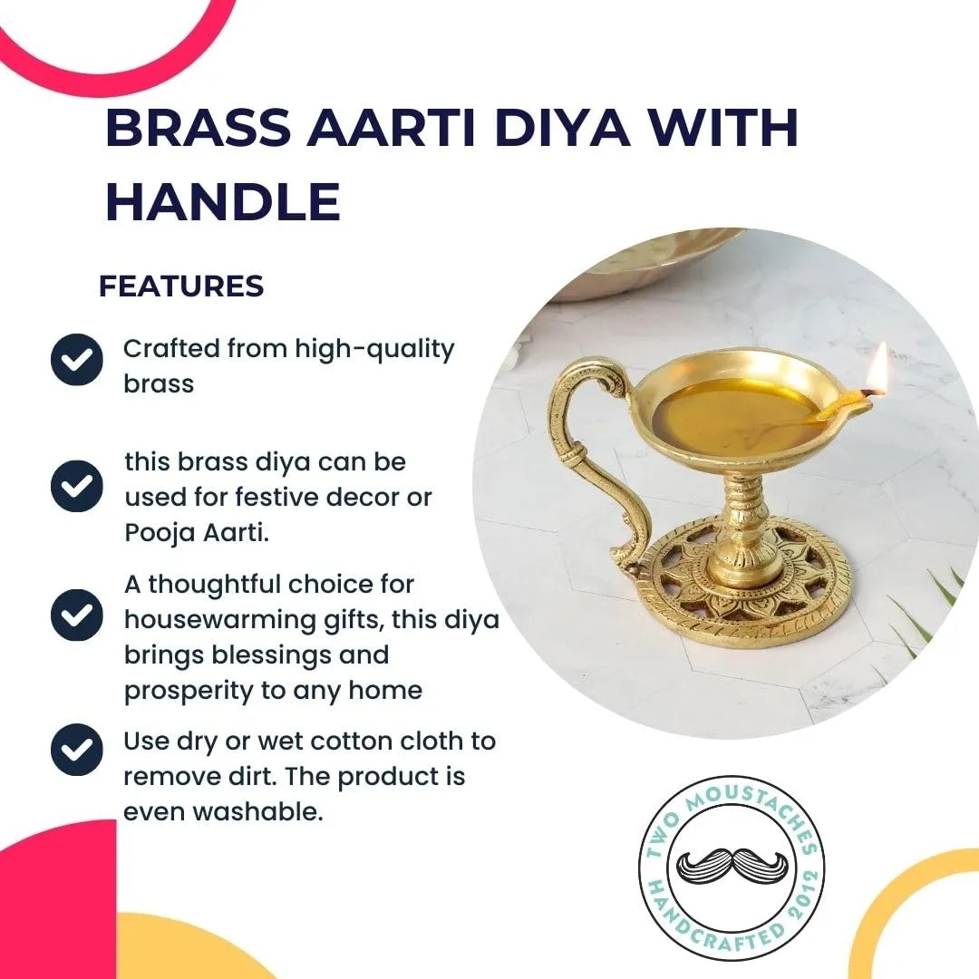 Two Moustaches 4 Inches Brass Aarti Diya with Handle, Brass Pooja Deepak for Temple, Diyas for Diwali, Brass Diya for Puja, Antique Yellow, Pack of 1