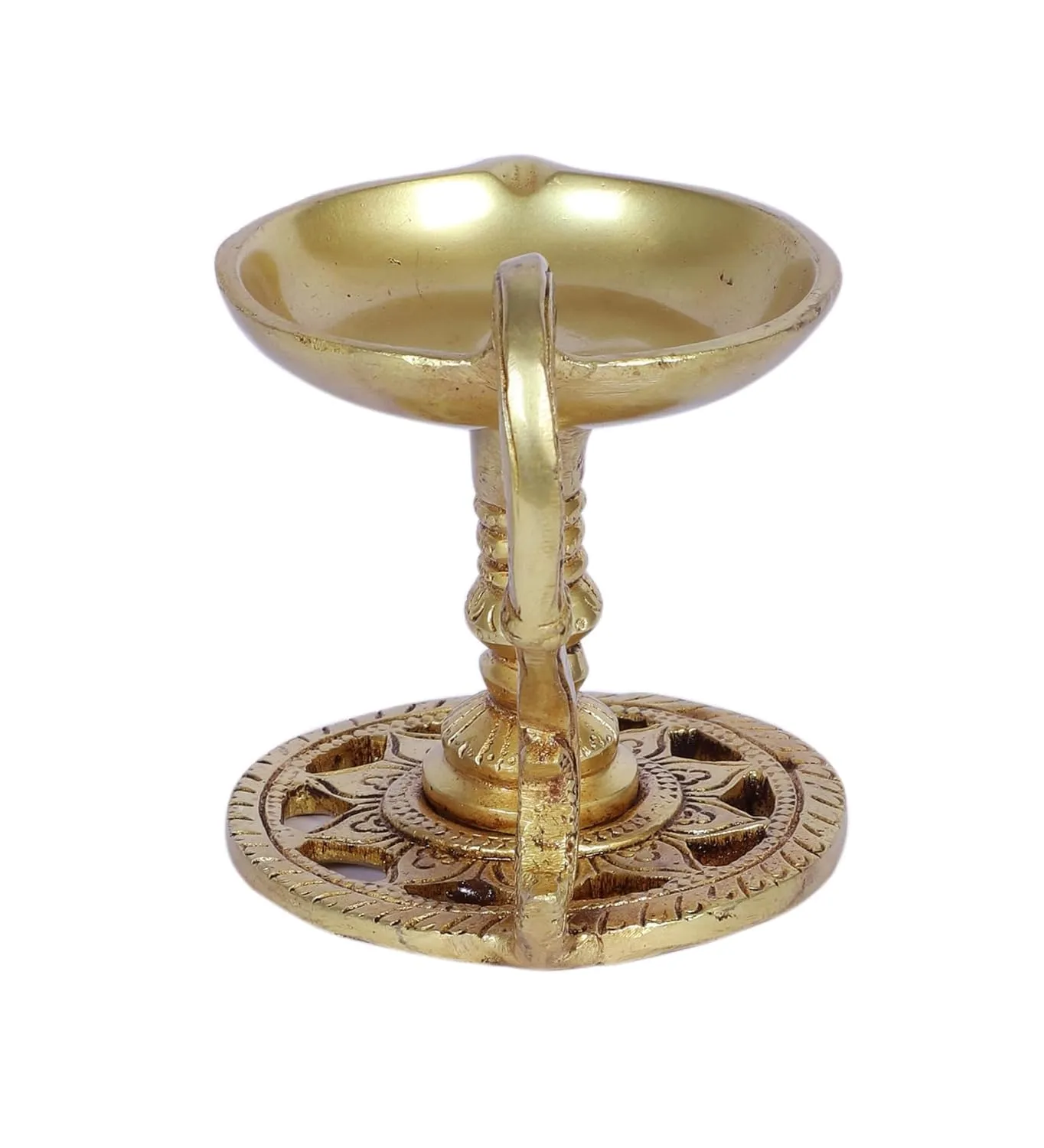Two Moustaches 4 Inches Brass Aarti Diya with Handle, Brass Pooja Deepak for Temple, Diyas for Diwali, Brass Diya for Puja, Antique Yellow, Pack of 1
