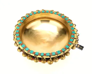 Two Moustaches Gemstone Work Brass 8 Inches Urli Bowl on Ethnic Carved Legs for Home Decor, Material - Brass, Standard, Pack of 1, 1 L