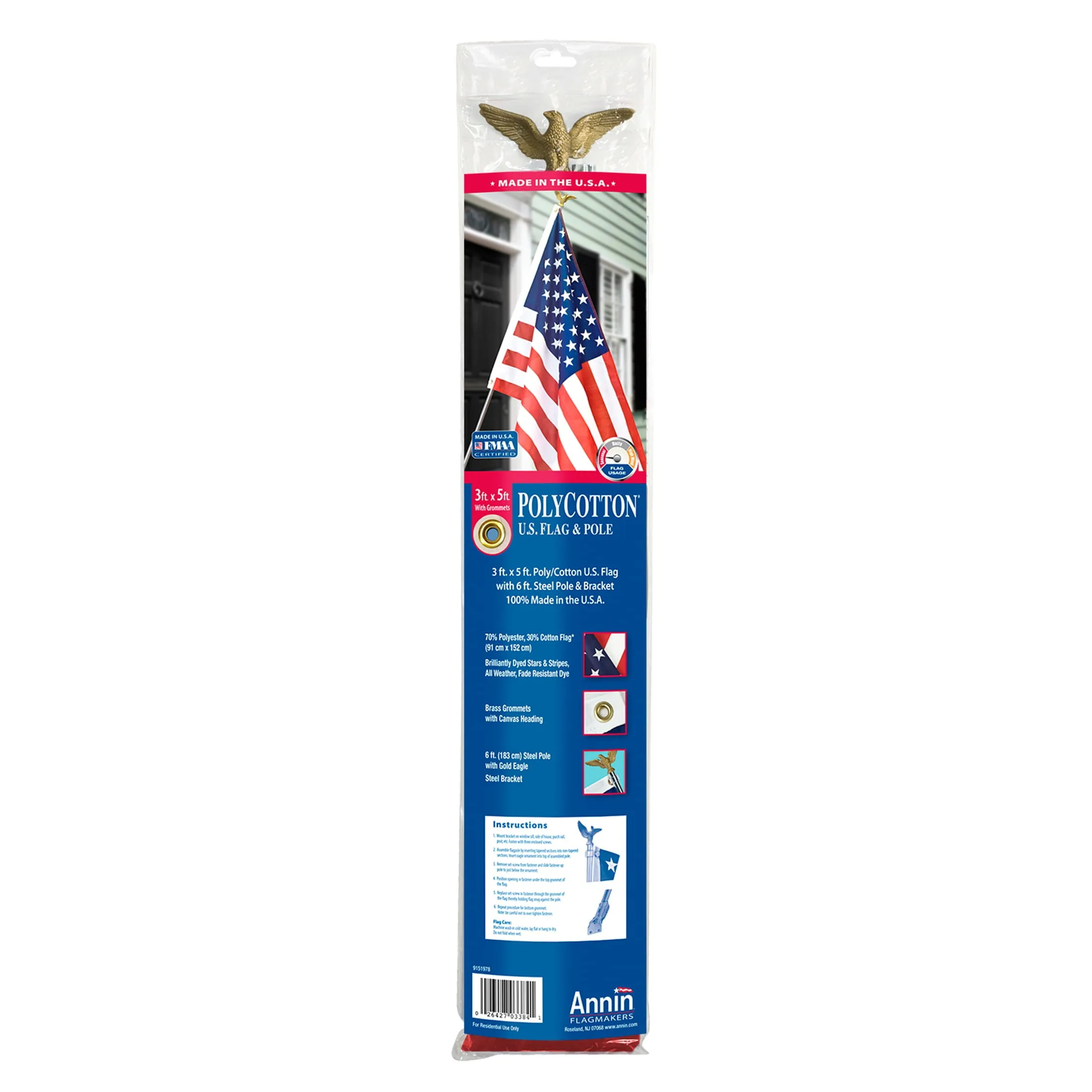 US American Flag Kit with 6 Foot Steel Pole And Bracket Poly Cotton 3 Ft x 5 Ft