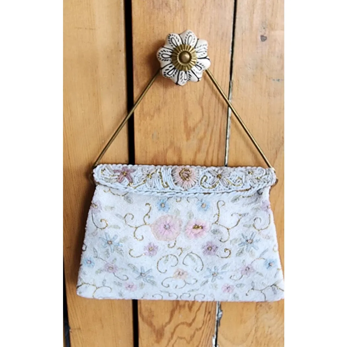Vintage 50s Beaded Bag White Pastel Flowers