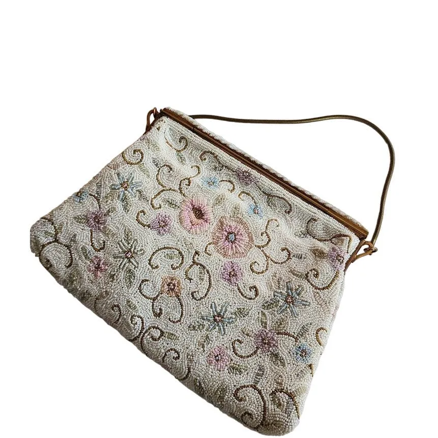 Vintage 50s Beaded Bag White Pastel Flowers