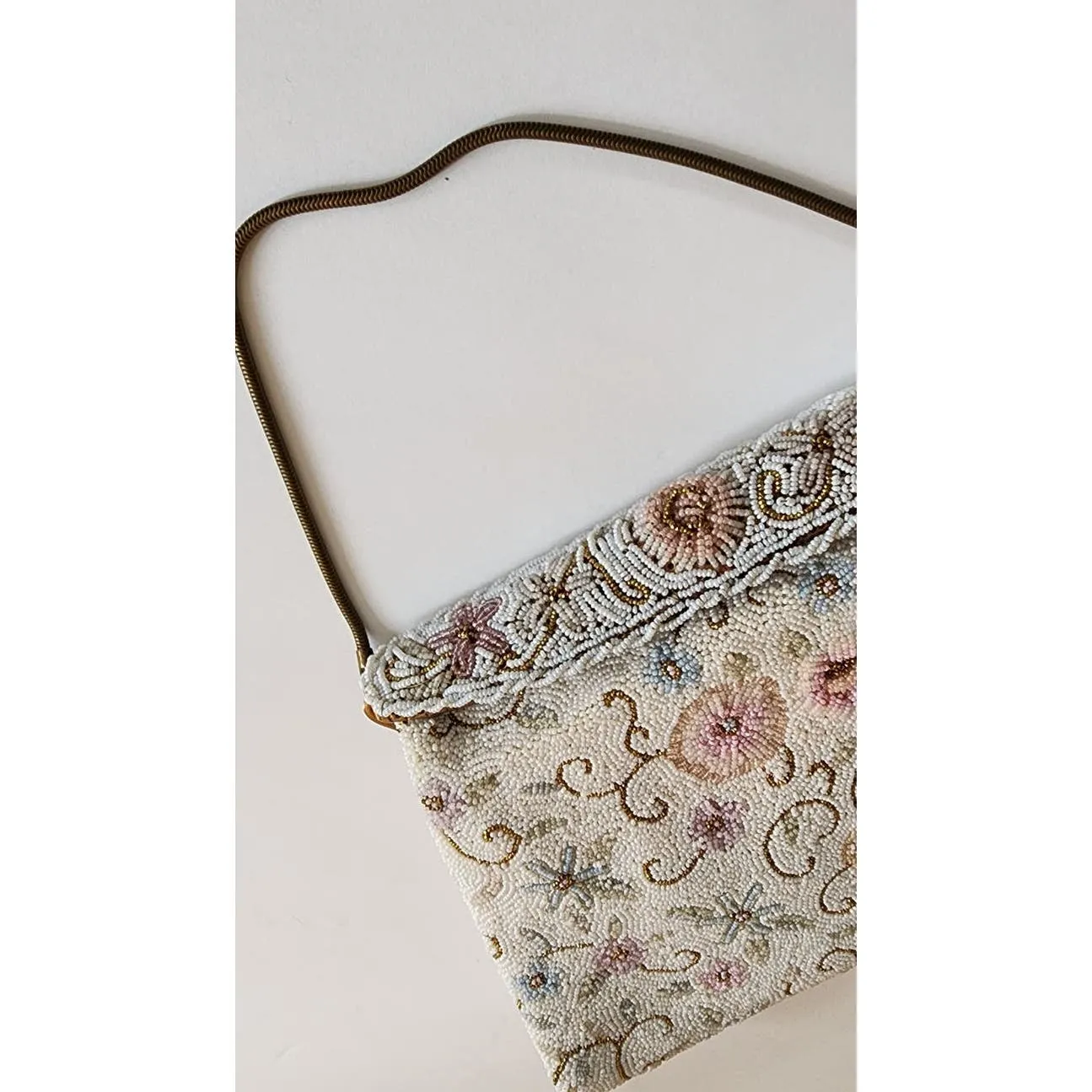 Vintage 50s Beaded Bag White Pastel Flowers
