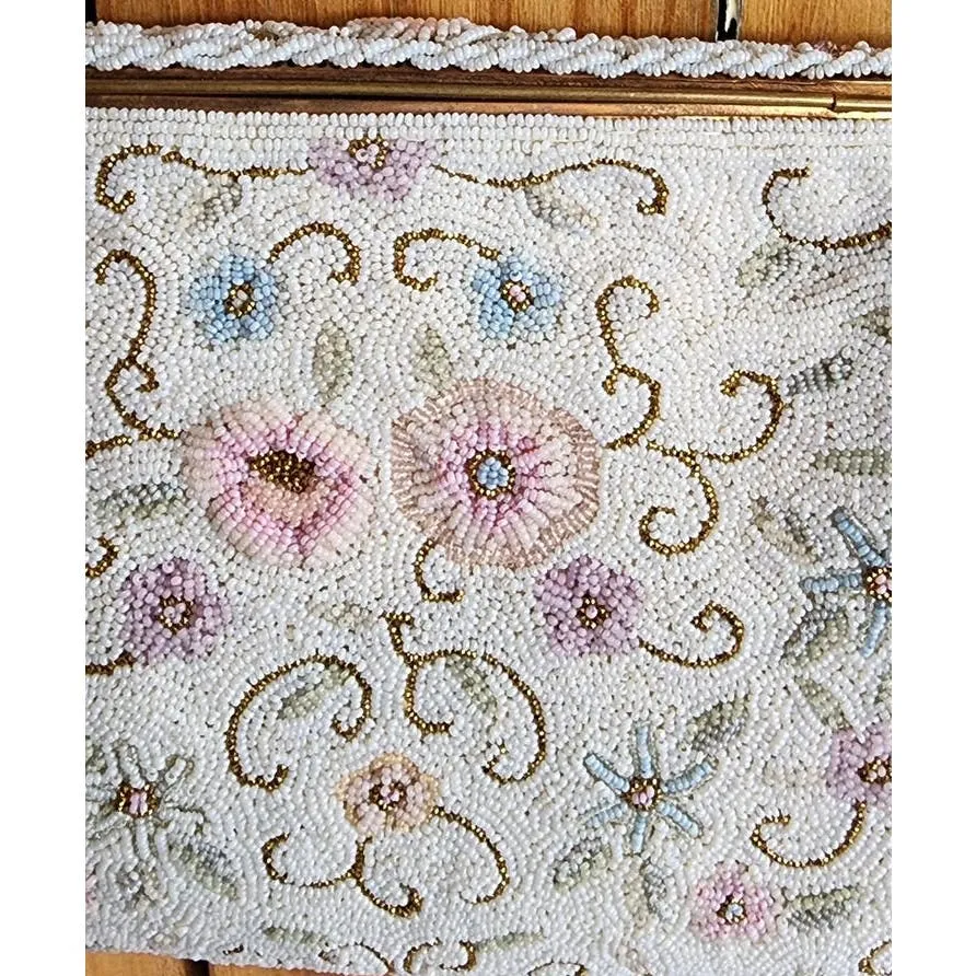 Vintage 50s Beaded Bag White Pastel Flowers