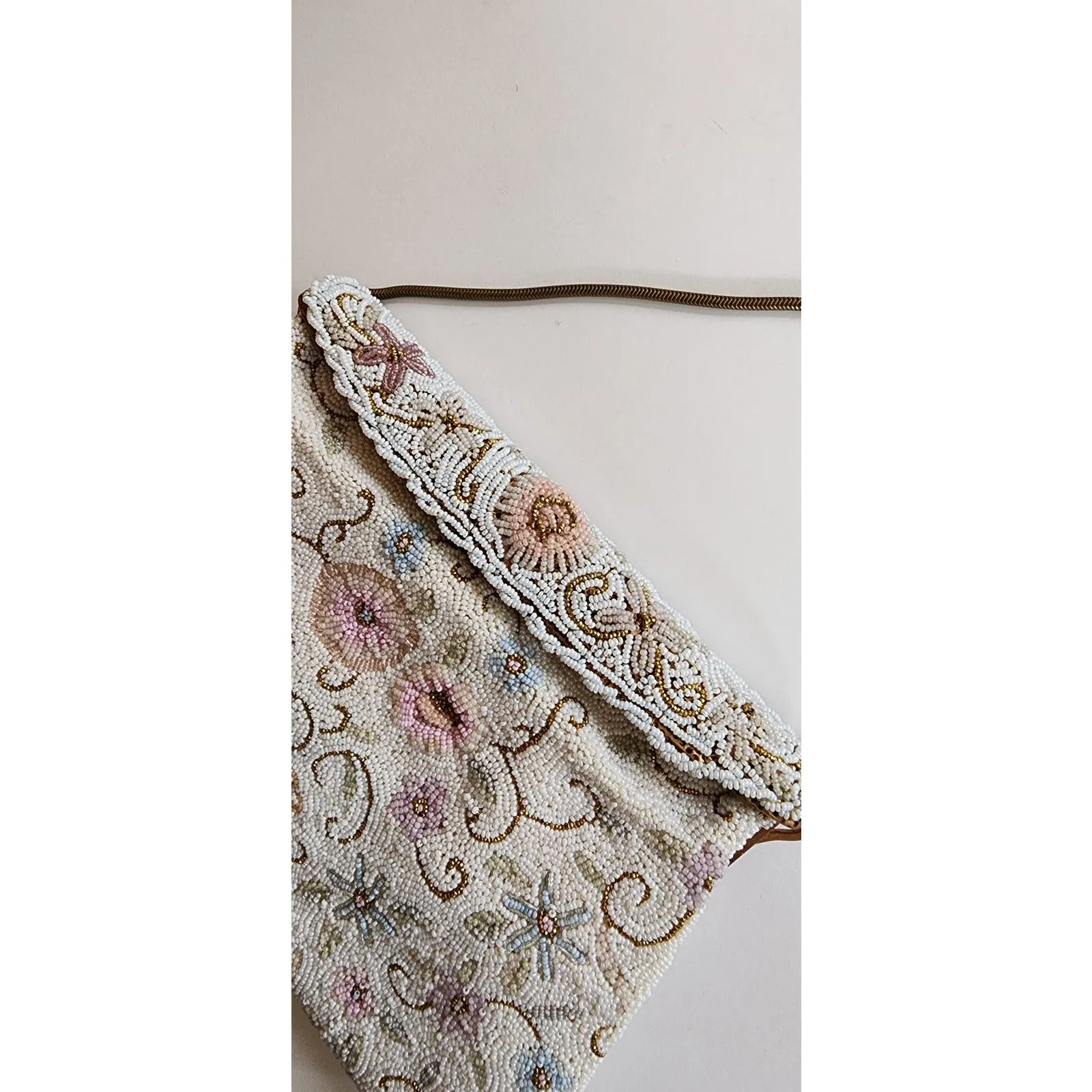 Vintage 50s Beaded Bag White Pastel Flowers
