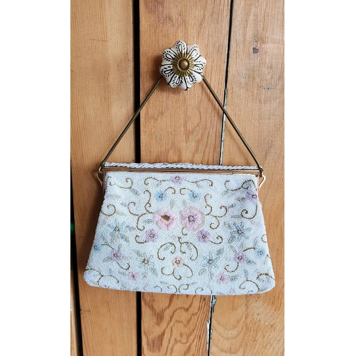Vintage 50s Beaded Bag White Pastel Flowers