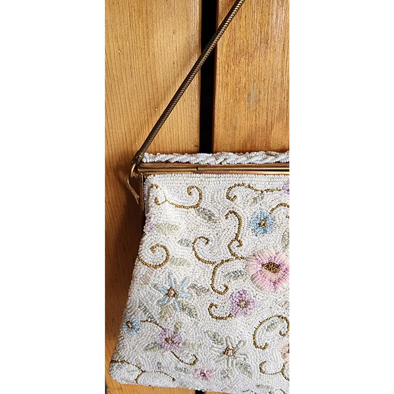 Vintage 50s Beaded Bag White Pastel Flowers