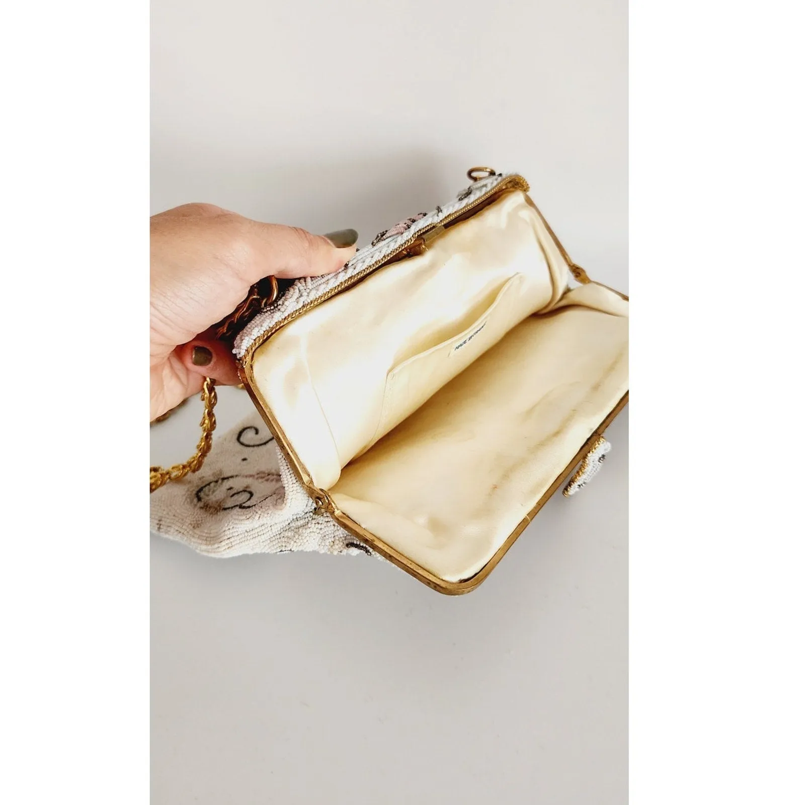 Vintage 50s Beaded Evening Bag in White France Elaborate Scrollwork Microbeading