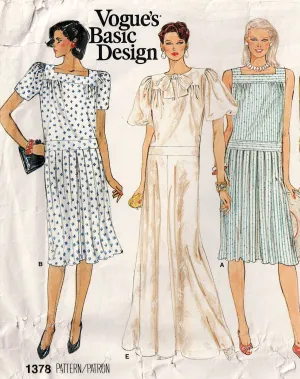 Vogue Basic Design 1378 Womens Dropped Waist Dress with Sleeve & Skirt Variations 1980s Vintage Sewing Pattern Size 8 Bust 31.5 Inches