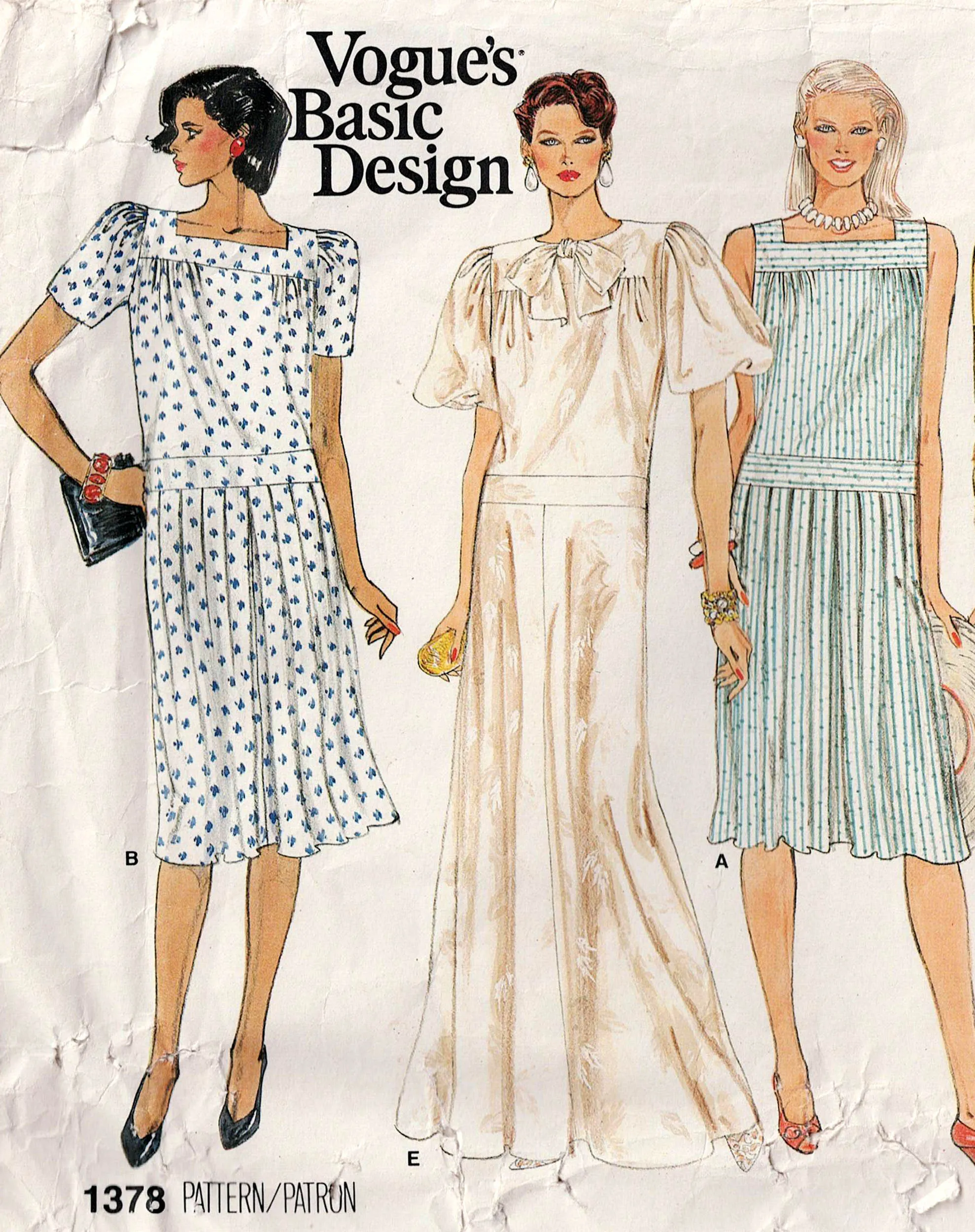 Vogue Basic Design 1378 Womens Dropped Waist Dress with Sleeve & Skirt Variations 1980s Vintage Sewing Pattern Size 8 Bust 31.5 Inches