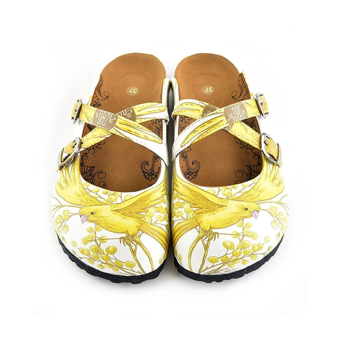 White and Yellow Colored Flowered and Bird Patterned Clogs - WCAL135