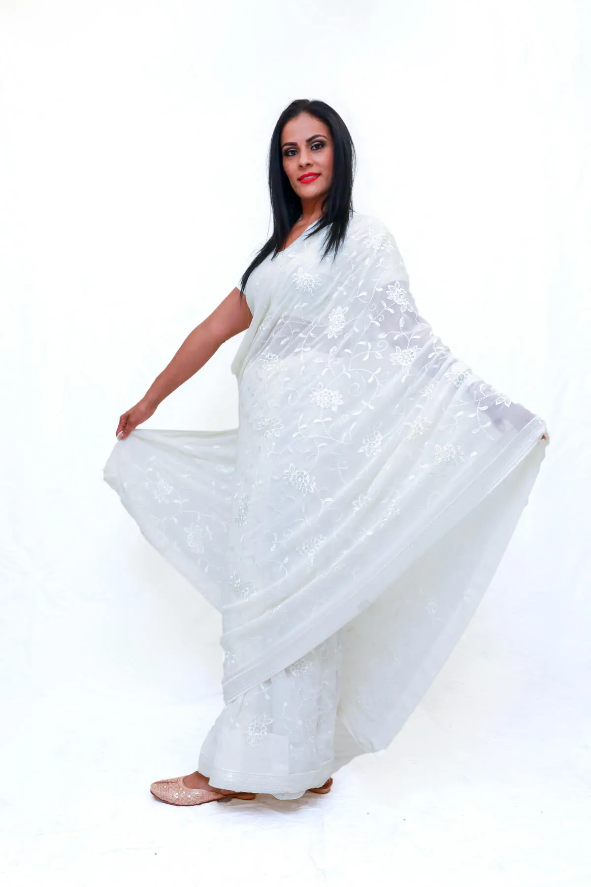 White Chiffon Embroidered Indian Sari (Saree)