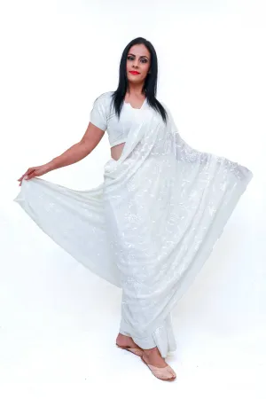 White Chiffon Embroidered Indian Sari (Saree)
