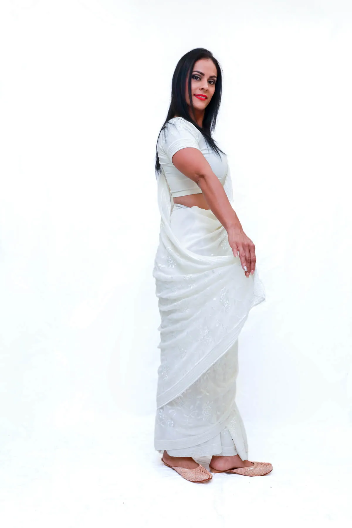 White Chiffon Embroidered Indian Sari (Saree)