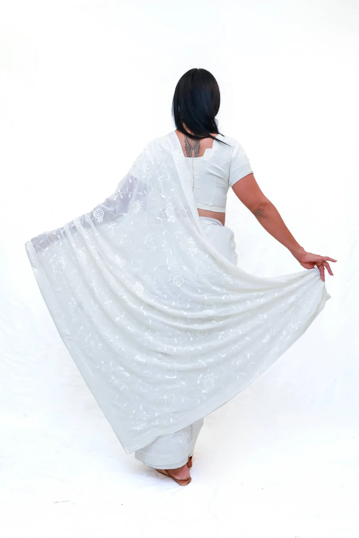 White Chiffon Embroidered Indian Sari (Saree)