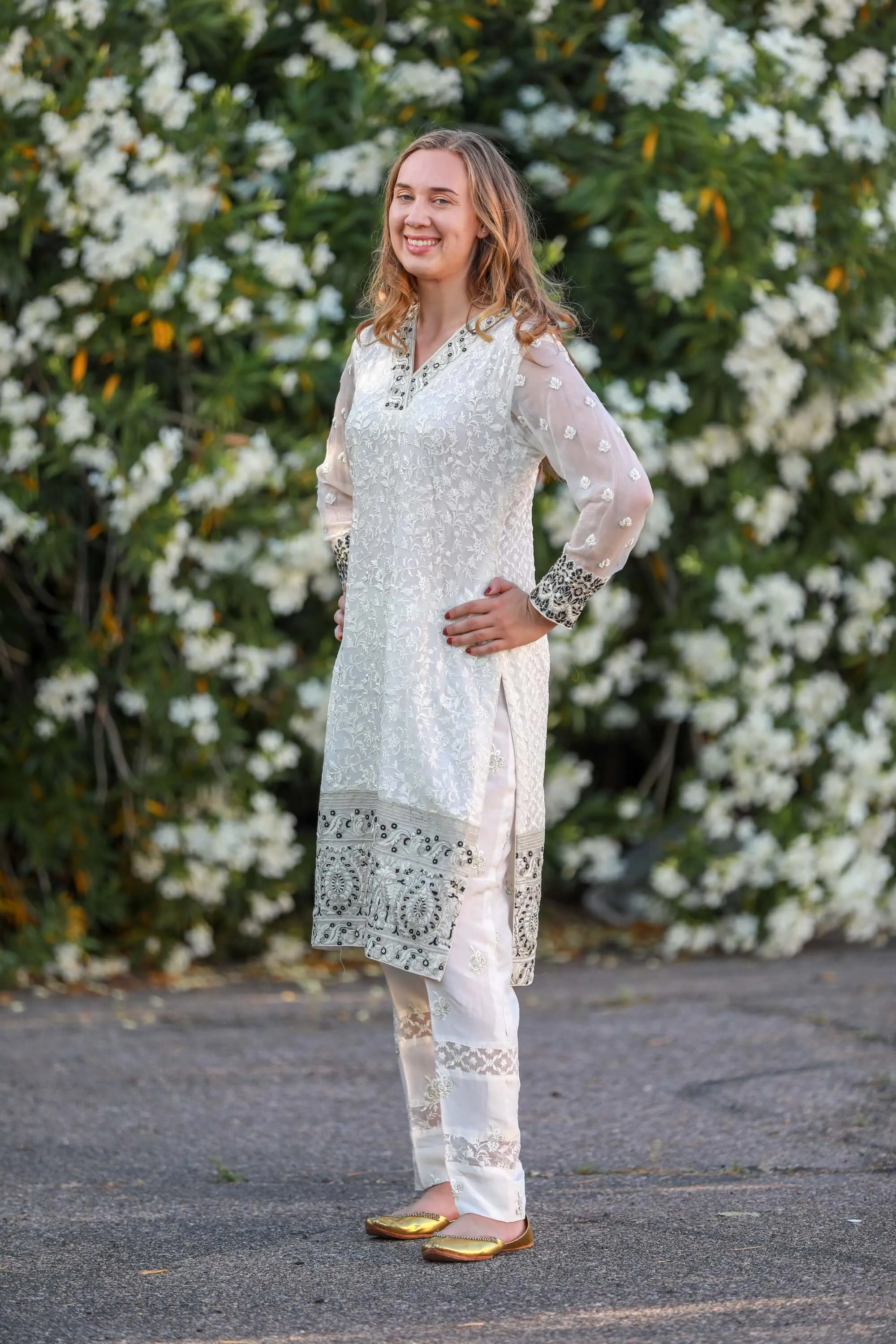 White Chiffon Suit Salwar Kameez by Mina Hasan