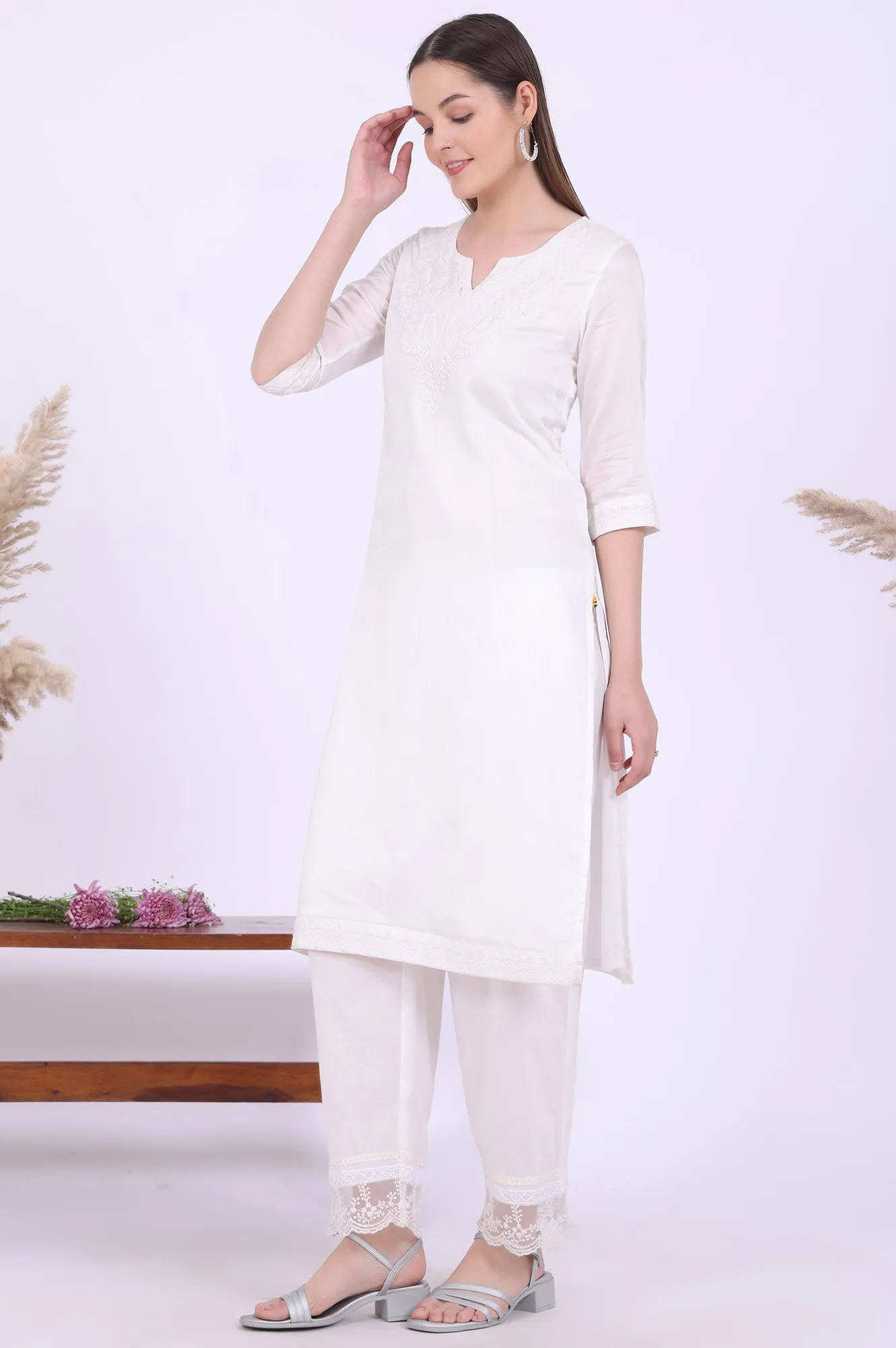 White Embroidered Pure Cotton Straight Kurta with Palazzos & Dupatta Set