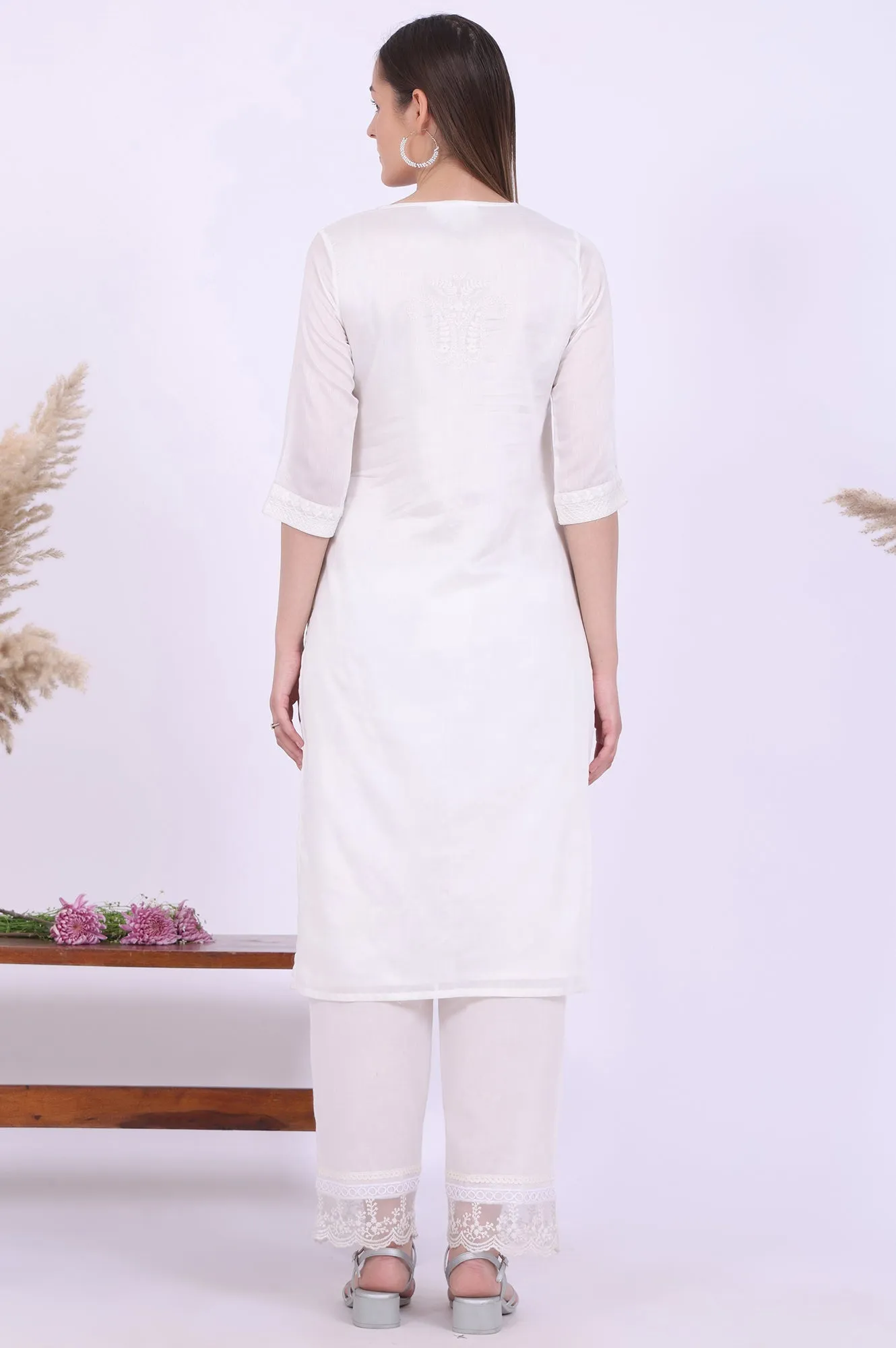 White Embroidered Pure Cotton Straight Kurta with Palazzos & Dupatta Set