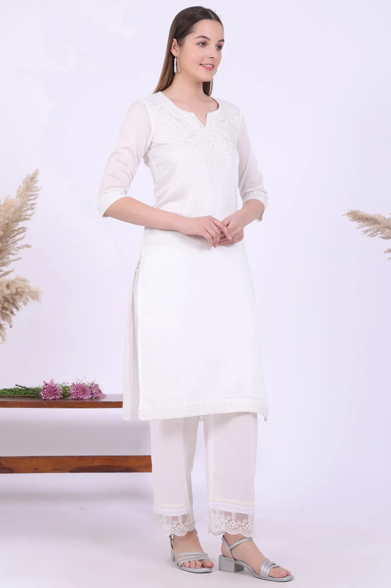 White Embroidered Pure Cotton Straight Kurta with Palazzos & Dupatta Set
