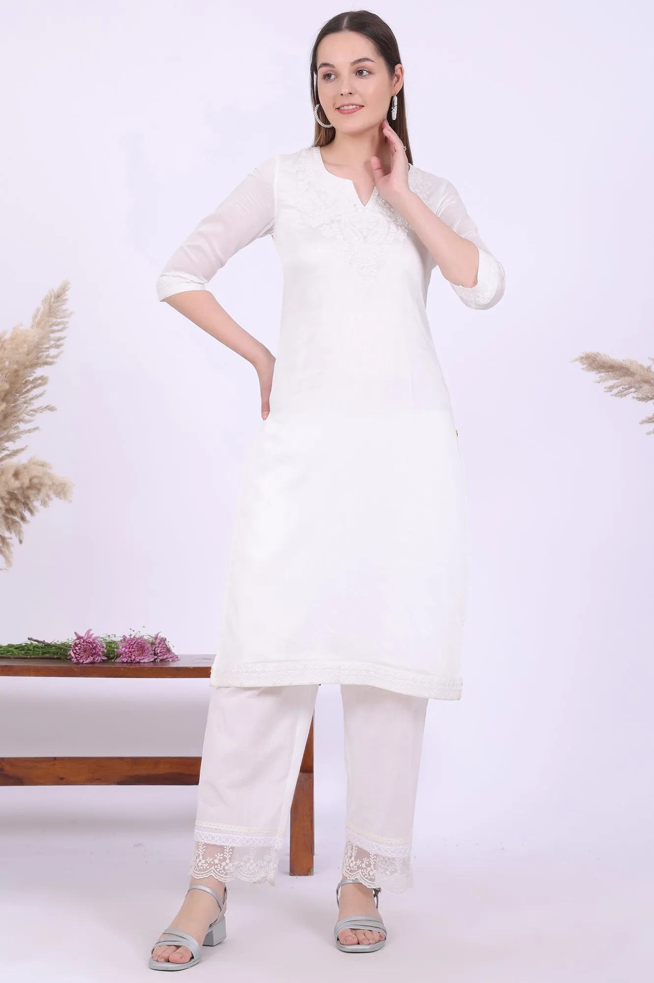 White Embroidered Pure Cotton Straight Kurta with Palazzos & Dupatta Set