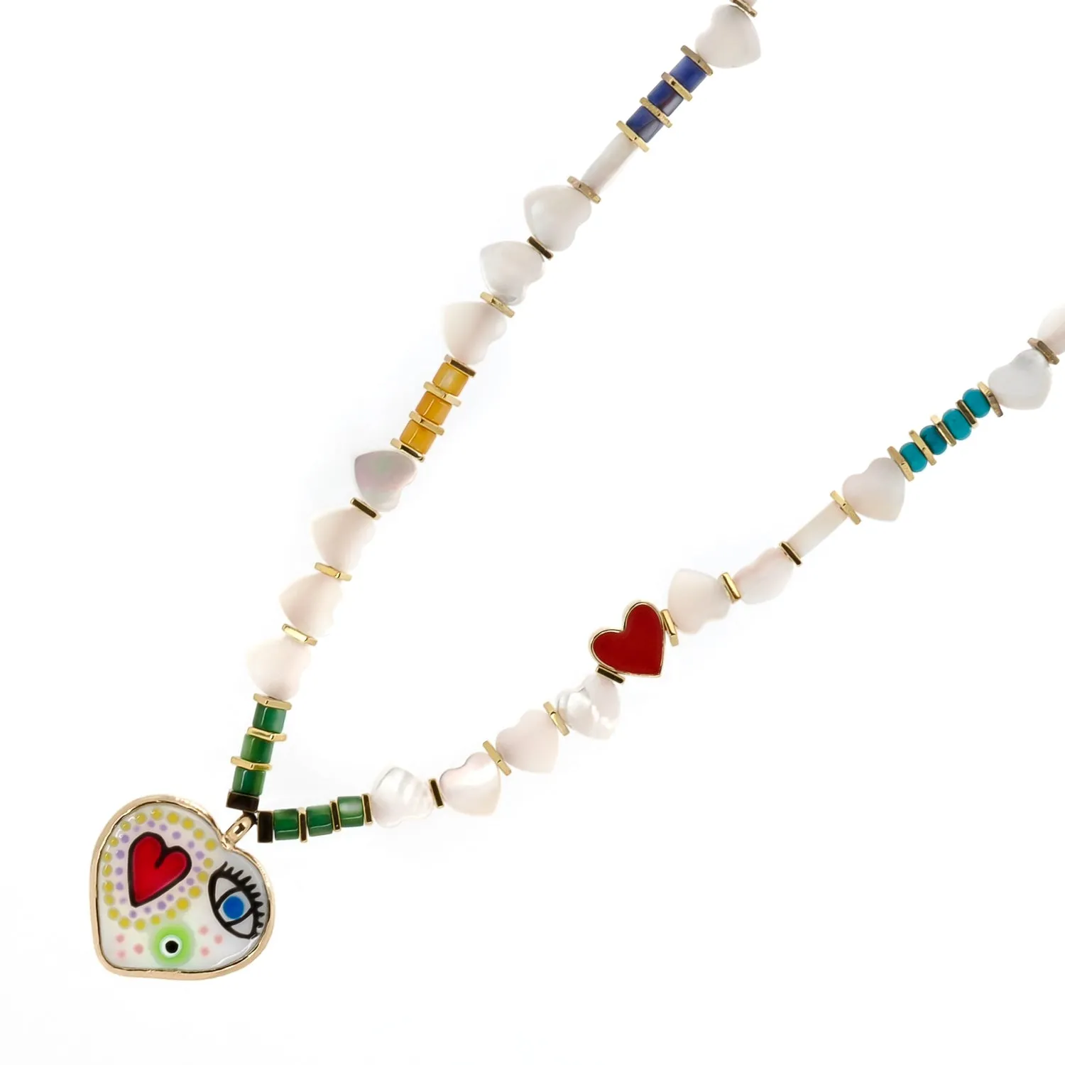 White Pearl Heart Beaded Evil Eye Talisman Necklace