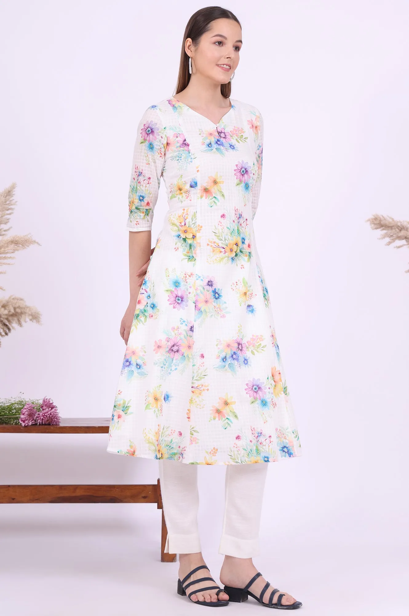 White Printed A-Line Pure Cotton Kurta