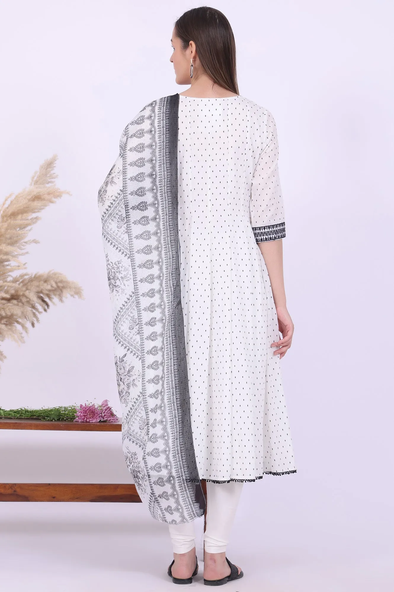 White Yarn Dyed Pure Cotton Anarkali with Leggings & Dupatta Set