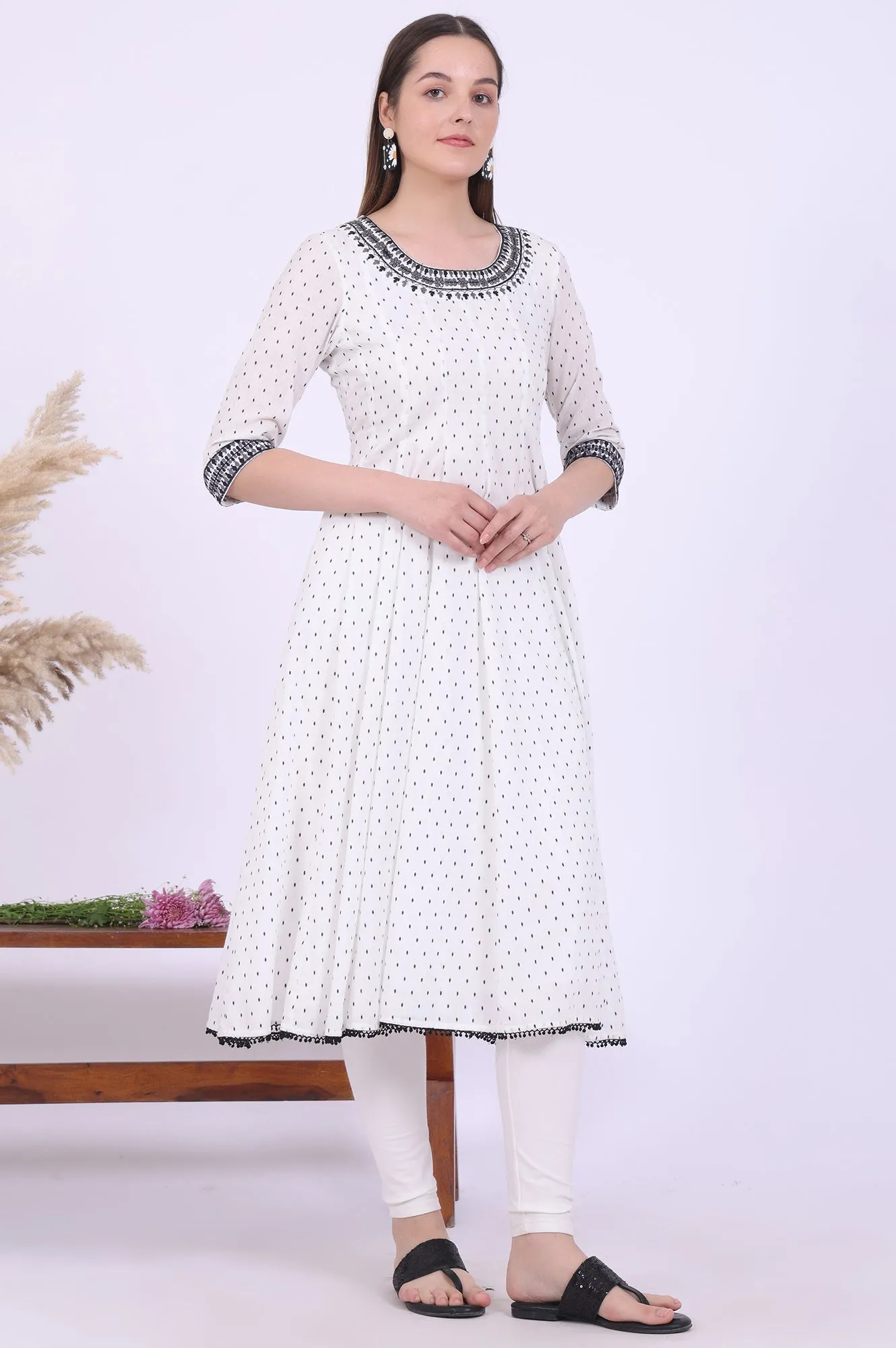 White Yarn Dyed Pure Cotton Anarkali with Leggings & Dupatta Set