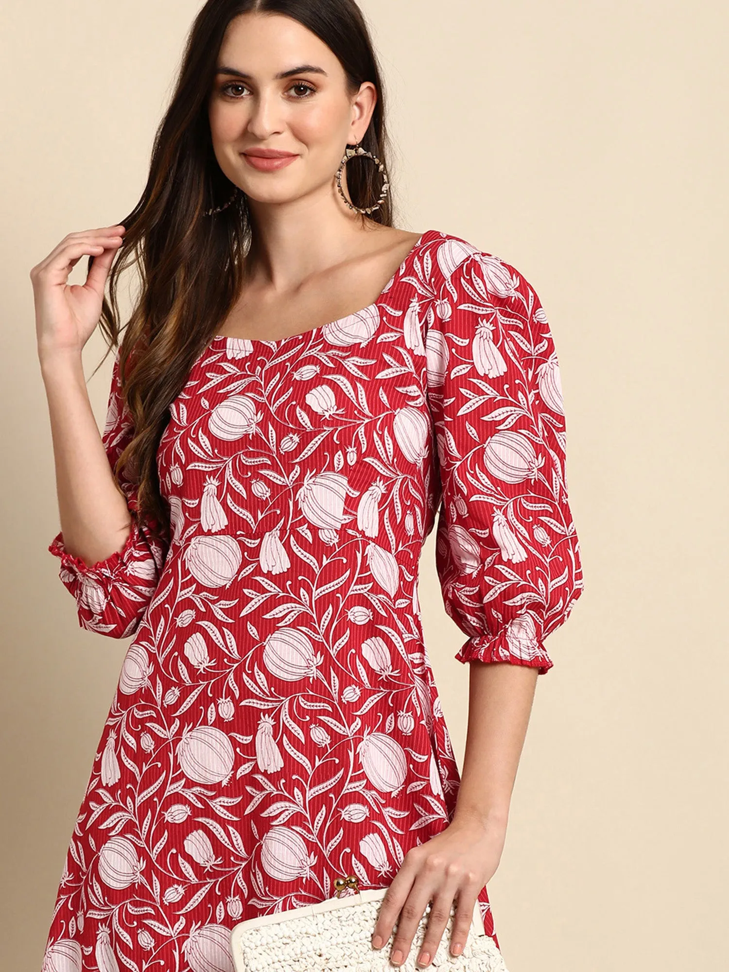 Women Gorgeous Red Ethnic Motifs Florals Dress (JNE3861-DR)