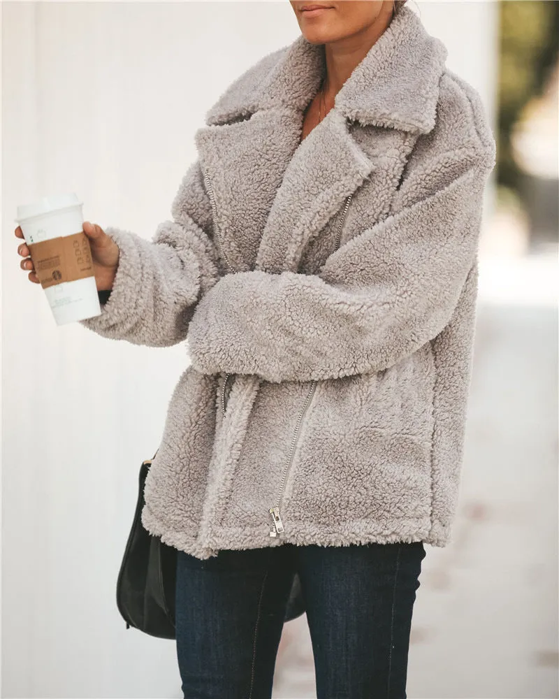 Women Pocket Zipper Plush Coat