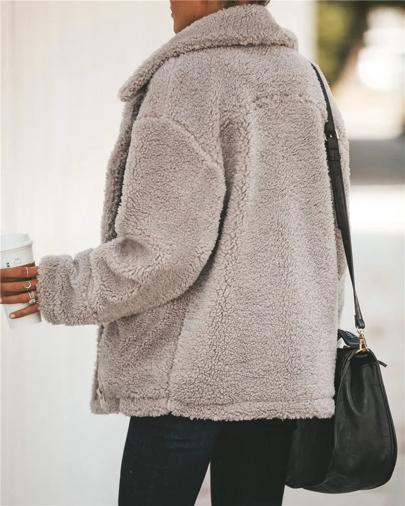 Women Pocket Zipper Plush Coat