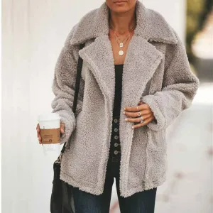 Women Pocket Zipper Plush Coat