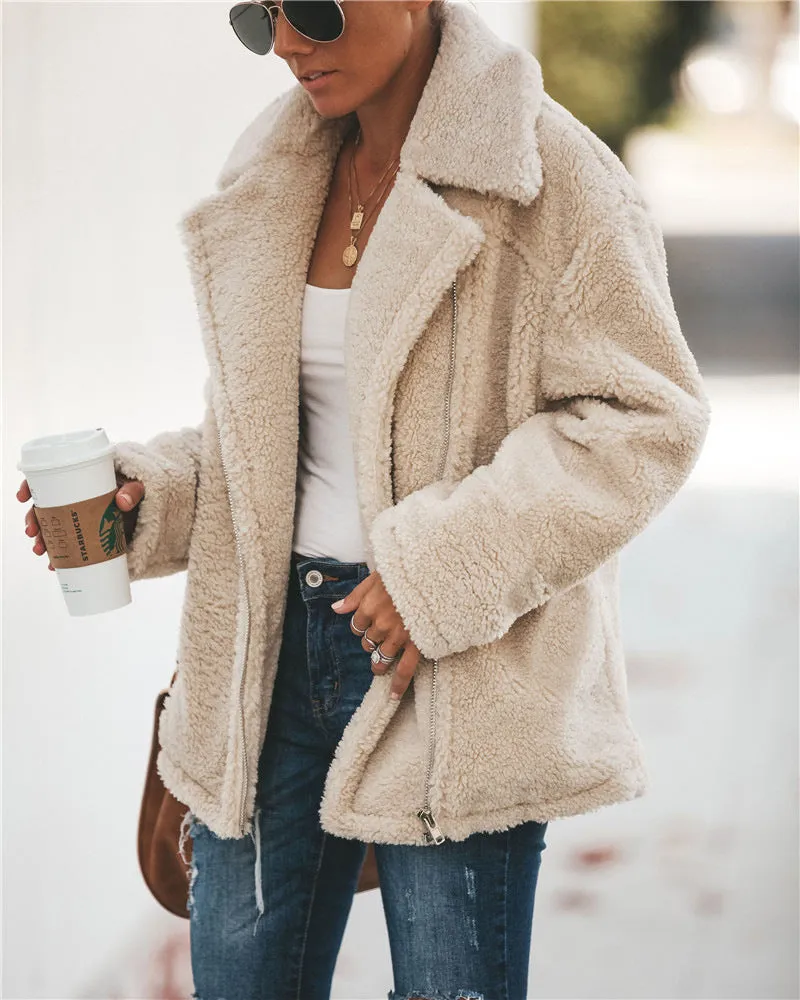 Women Pocket Zipper Plush Coat