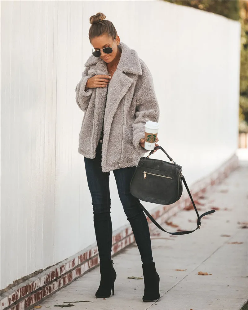 Women Pocket Zipper Plush Coat