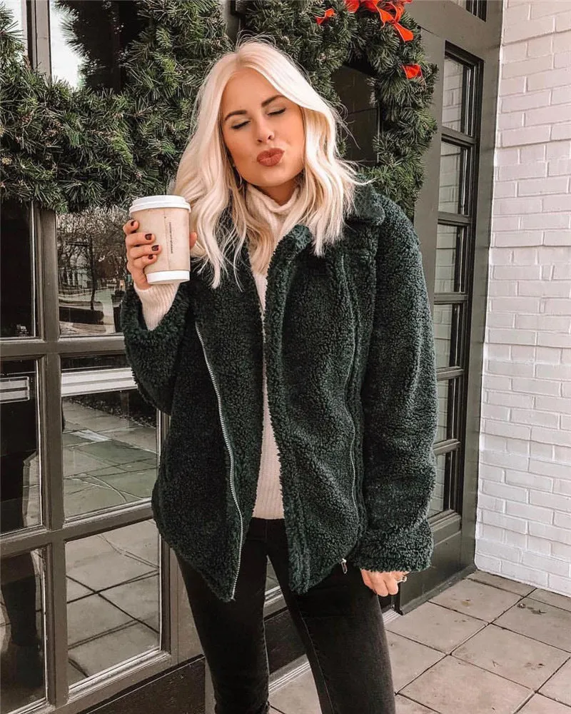 Women Pocket Zipper Plush Coat