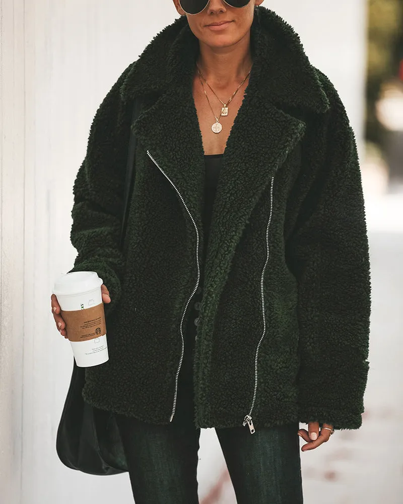Women Pocket Zipper Plush Coat