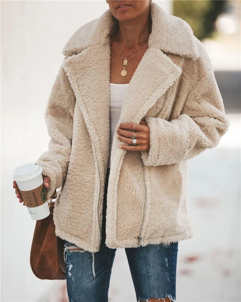 Women Pocket Zipper Plush Coat